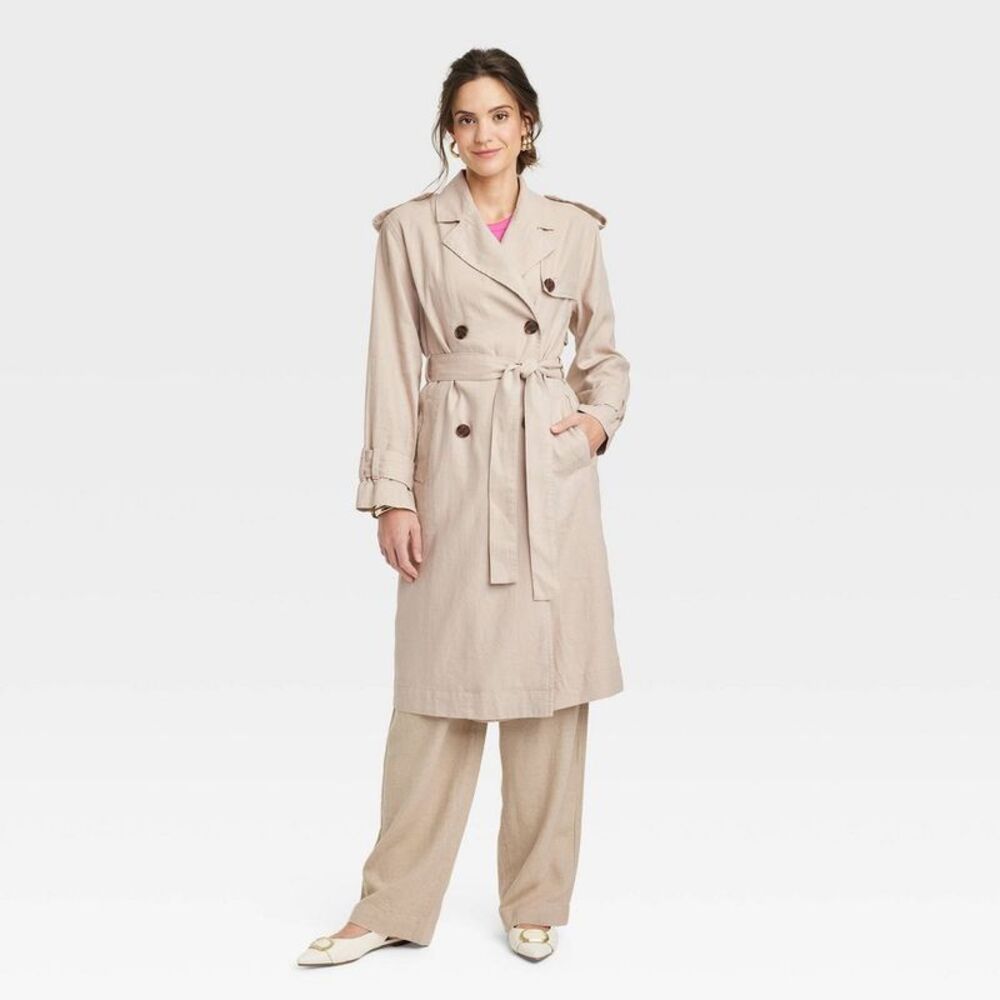 A New Day - A New Day Women's Button Up Linen Trench Coat Jack Tan